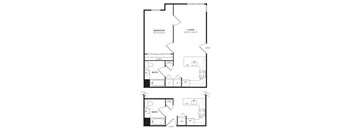 A floor plan of a small apartment with a bedroom, bathroom, and living room.