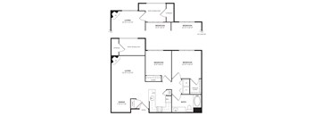 A floor plan of a house with two bedrooms, a living room, a dining room, a bathroom, and storage.