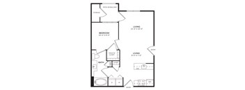 A black and white image of a floor plan for a small apartment.
