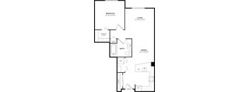 A floor plan of a small apartment with a bedroom, living room, dining room, bathroom, and kitchen.