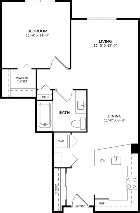A floor plan of a small apartment with a bedroom, living room, dining room, bathroom, and kitchen.