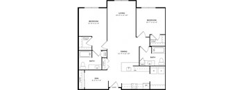 A black and white image of a floor plan for a home with a living room, two bedrooms, a dining room, a bathroom, a den, and an entry.