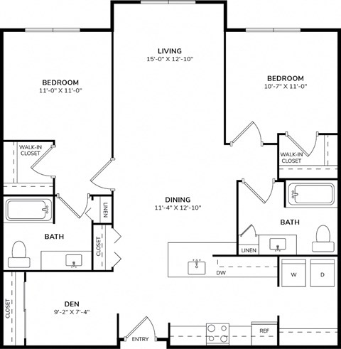 A black and white image of a floor plan for a home with a living room, two bedrooms, a dining room, a bathroom, a den, and an entry.