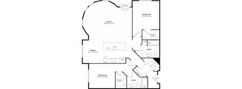 A black and white image of a floor plan for a home with a living room, dining room, and two bedrooms.