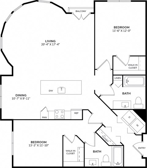 A black and white image of a floor plan for a home with a living room, dining room, and two bedrooms.