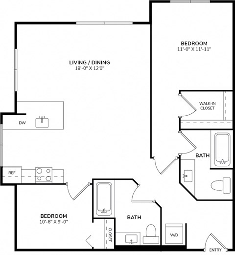 A black and white image of a floor plan for a two bedroom apartment.