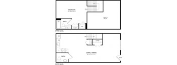 A floor plan of a home with a bedroom, bathroom, upper level, and entry level.