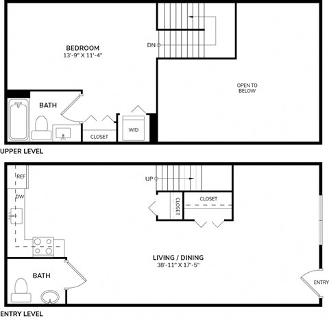A floor plan of a home with a bedroom, bathroom, upper level, and entry level.