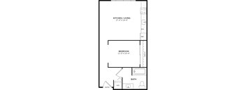 A drawing of a floor plan for a small apartment with a kitchen, bedroom, and bathroom.