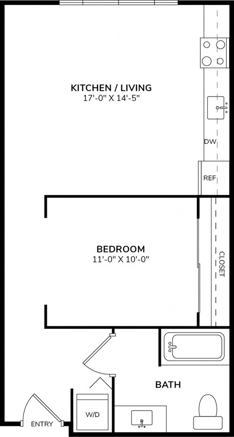 A drawing of a floor plan for a small apartment with a kitchen, bedroom, and bathroom.