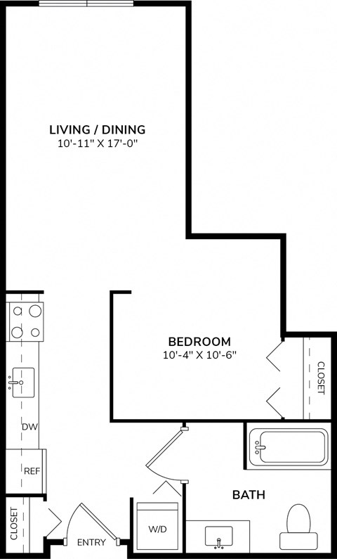 A black and white image of a floor plan for a small apartment.
