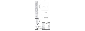 A floor plan of a small apartment with a kitchen, living room, and bedroom.