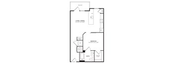 A floor plan of a small apartment with a living room, dining room, bedroom, bathroom, and entry.