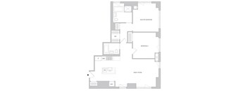 A floor plan of a house with a master bedroom, two bedrooms, a great room, and a workspace.