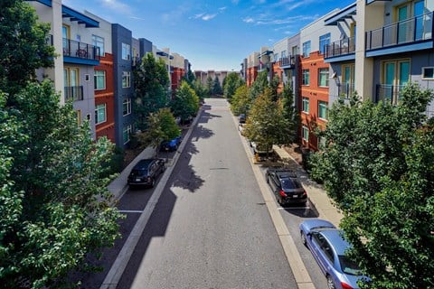 Landscaped street with parking at The District, Denver, CO