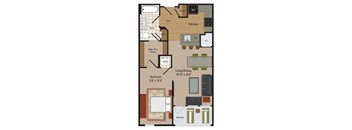 A floor plan of a small apartment with a bedroom, living room, and kitchen.