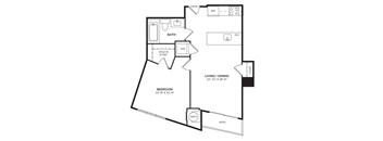 A black and white image of a house plan with a bath, bedroom, living/dining area, and patio.