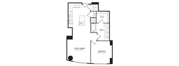 A black and white image of a floor plan for a home with a living/dining area, a bedroom, a bathroom, a walk-in closet, and a laundry room.
