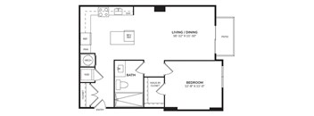 A black and white image of a house floor plan with a living room, dining room, bathroom, and bedroom.