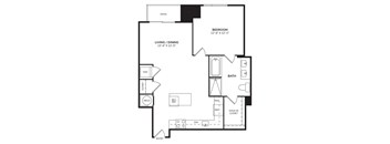 A black and white image of a floor plan for a home with a living/dining area, bedroom, bathroom, and walk-in closet.