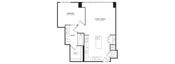A black and white image of a floor plan for a home with a bedroom, living/dining area, bathroom, and kitchen.