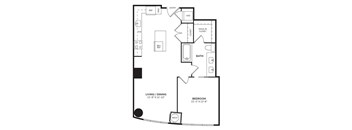 A floor plan of a home with a living room, dining room, bedroom, bathroom, and a walk-in closet.