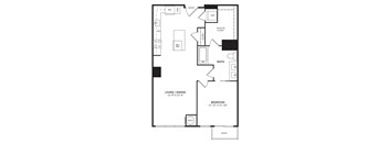 A floor plan of a home with a living area, dining area, and bathroom.