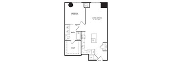 A black and white image of a floor plan for a small apartment.
