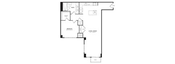A floor plan of a home with a bedroom, bathroom, living/dining area, and patio.