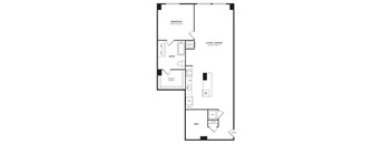 A floor plan of a small apartment with a bedroom, living/dining area, bathroom, and den.