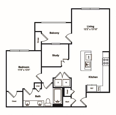 A6 1 Bedroom 1 Bathroom Floor Plan at Windsor Castle Hills, Carrollton, TX