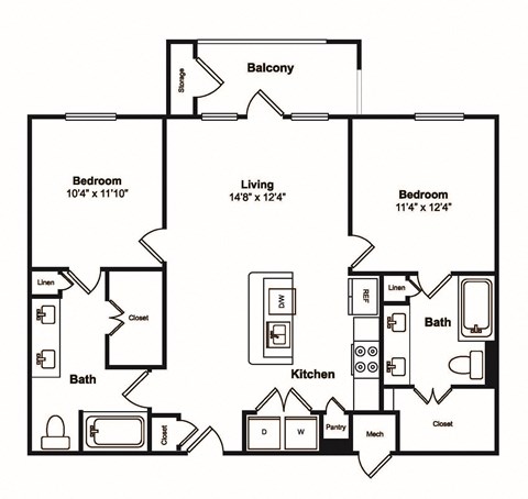 2 Bedroom 2 Bathroom Floor Plan at Windsor Castle Hills, Carrollton, Texas
