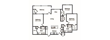 3 Bedroom 2 Bath Floor Plan at Windsor Castle Hills, Carrollton, TX, 75010