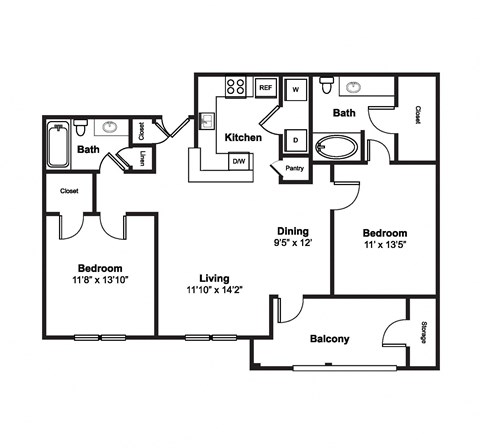 2 Bed 2 Bath Floor Plan 2 Bed 2 Bath Floor Plan at Windsor Westbridge, 2300 Marsh Lane, TX