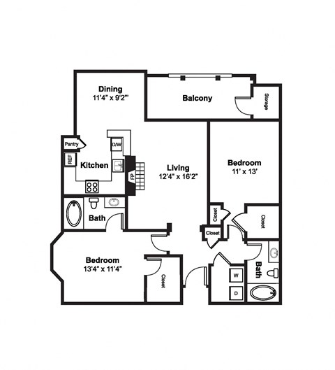 2 Bedroom 2 Bathroom Floor Plan 2 Bedroom 2 Bathroom Floor Plan at Windsor Westbridge, 2300 Marsh Lane, Carrollton