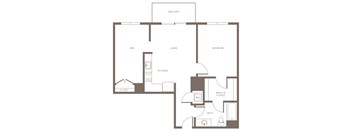 A floor plan of a home with a den, living room, kitchen, and bathroom.
