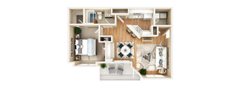 A top-down view of a small apartment with a kitchen, living room, and bedroom.