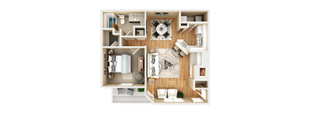 A top-down view of a small apartment with a kitchen, living room, and bathroom.