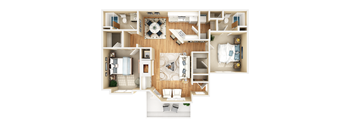 A top-down view of a well-organized apartment with a kitchen, living room, and bedrooms.