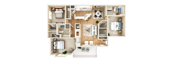 A detailed 3D floor plan of a two-bedroom apartment.