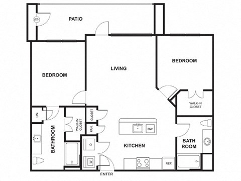 2 Bedroom 2 Bathroom Floor Plan at Windsor Ridge, Austin, TX, 78727