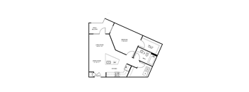 A floor plan of a house with a patio balcony, bedroom, living room, dining room, kitchen, and bathrooms.