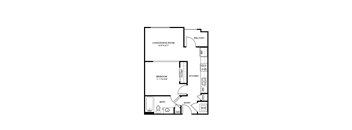 A floor plan of a small apartment with a living room, bedroom, bathroom, and kitchen.