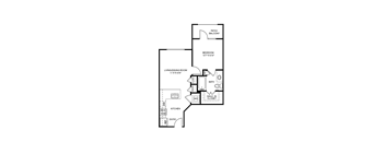 A floor plan of a house with a living room, kitchen, bathroom, and bedroom.