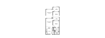 A floor plan of a house with two living/dining rooms, two bedrooms, a kitchen, a patio, and a walk-in closet.