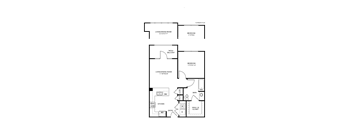 A floor plan of a house with two bedrooms, a living area, a kitchen, a bathroom, and a walk-in closet.
