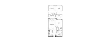 A floor plan of a house with three bedrooms and a balcony.