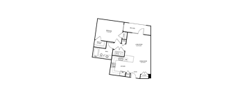 A floor plan of a house with a bedroom, living room, kitchen, and bathroom.