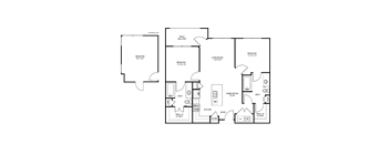 A floor plan of a house with a bedroom, bathroom, kitchen, and living room.
