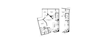 A floor plan of a house with two bedrooms, a living room, a kitchen, and a bathroom.
